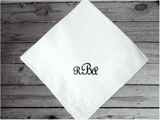 Monogram wedding cotton handkerchief embroidered Initials for men 16" x 16" with saton strips around edge. Give as a wedding gift for dad, personalized bridal party gift from daughter, anniversary, or birthday gift.  Borgmanns Creations