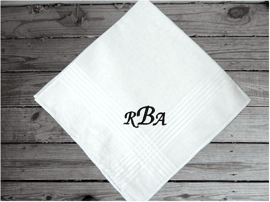 Monogram wedding cotton handkerchief embroidered Initials for men 16" x 16" with saton strips around edge. Give as a wedding gift for dad, personalized bridal party gift from daughter, anniversary, or birthday gift.  Borgmanns Creations
