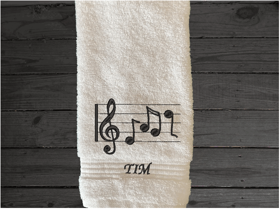 White musical notes hand towel - cotton premium terry towel, soft and absorbent, 16" x 27" embroidered musical notes and the towel can be a personaloized gift for mom and her music minded family - teachers band members etc. - bathroom or kitchen decor -- Borgmanns Creations