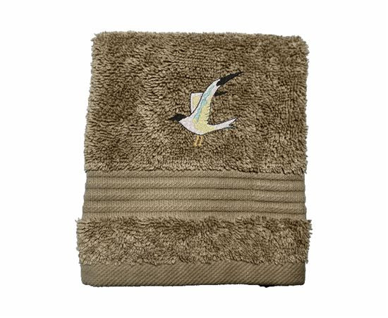 Beige High Quality Luxury Turkish Washcloth, durable soft and absorbent, finished edges with a decorative band. Set has 1 bath towel 27" x 50", 1 hand towel 16" x 27", 1 washcloth 13" x 13". Embroidered with a custom design. You can personalize the towel set with a name and an initial on the washcloth or just the designs. These luxury towels will make a wonderful wedding gift, housewarming gift, or for your own bathroom decor. Borgmanns Creations