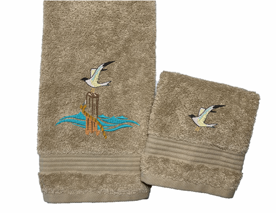 Beige High Quality Luxury Turkish hand towel and washcloth, durable soft and absorbent, finished edges with a decorative band. Set has 1 bath towel 27" x 50", 1 hand towel 16" x 27", 1 washcloth 13" x 13". Embroidered with a custom design. You can personalize the towel set with a name and an initial on the washcloth or just the designs. These luxury towels will make a wonderful wedding gift, housewarming gift, or for your own bathroom decor. Borgmanns Creations