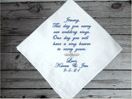 Ring bearer gift - embroidered cotton handkerchief with satin stripes 16" x 16" - keepsake from the bride and groom, a groomsmen present. A special gift for the one who was asked to carry the wedding rings on your wedding day - Borgmanns Creations