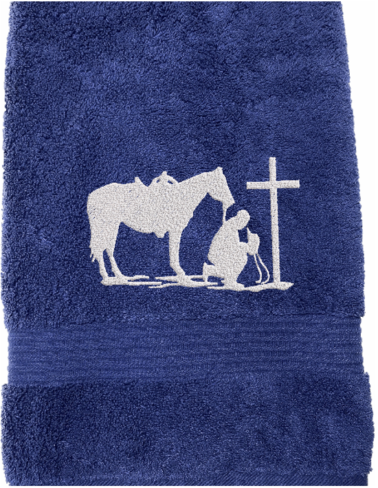 Blue bath towel, embroidered cowboy praying design, the perfect design for that farmhouse decor. This towel set has 3 towels 1 bath towel 27" x 55", 1 hand towel 16" x 27", 1 wash cloth 13" x 13". You can personalize the towel set with a name and an initial, on the wash cloth - Borgmanns Creations 