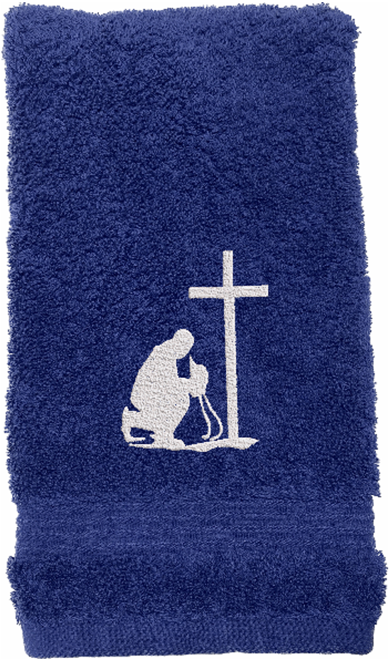 Blue hand towel, embroidered cowboy praying design, the perfect design for that farmhouse decor. This towel set has 3 towels 1 bath towel 27" x 55", 1 hand towel 16" x 27", 1 wash cloth 13" x 13". You can personalize the towel set with a name and an initial, on the wash cloth - Borgmanns Creations 