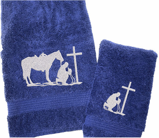 Blue bath towel and hand towel, embroidered cowboy praying design, the perfect design for that farmhouse decor. This towel set has 3 towels 1 bath towel 27" x 55", 1 hand towel 16" x 27", 1 wash cloth 13" x 13". You can personalize the towel set with a name and an initial, on the wash cloth - Borgmanns Creations 