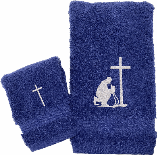 Blue hand towel and washcloth, embroidered cowboy praying design, the perfect design for that farmhouse decor. This towel set has 3 towels 1 bath towel 27" x 55", 1 hand towel 16" x 27", 1 wash cloth 13" x 13". You can personalize the towel set with a name and an initial, on the wash cloth - Borgmanns Creations 
