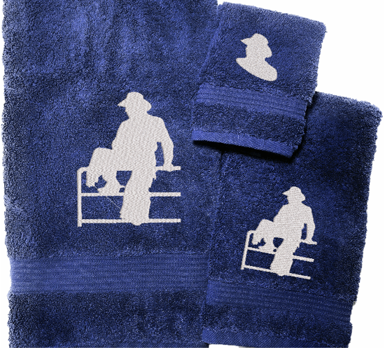 High Quality Luxury Blue Turkish Towels durable soft and absorbent, finished edges with a decorative band. Set has 1 bath towel 27" x 50", 1 hand towel 16" x 27", 1 washcloth 13" x 13". Embroidered with a custom design of acowboy on a fence. You can personalize the bath towel with a name and an initial on the washcloth or just the designs. These luxury towels will make a wonderful hostess towel, wedding gift, housewarming gift, or for your own bathroom decor. Borgmanns Creations