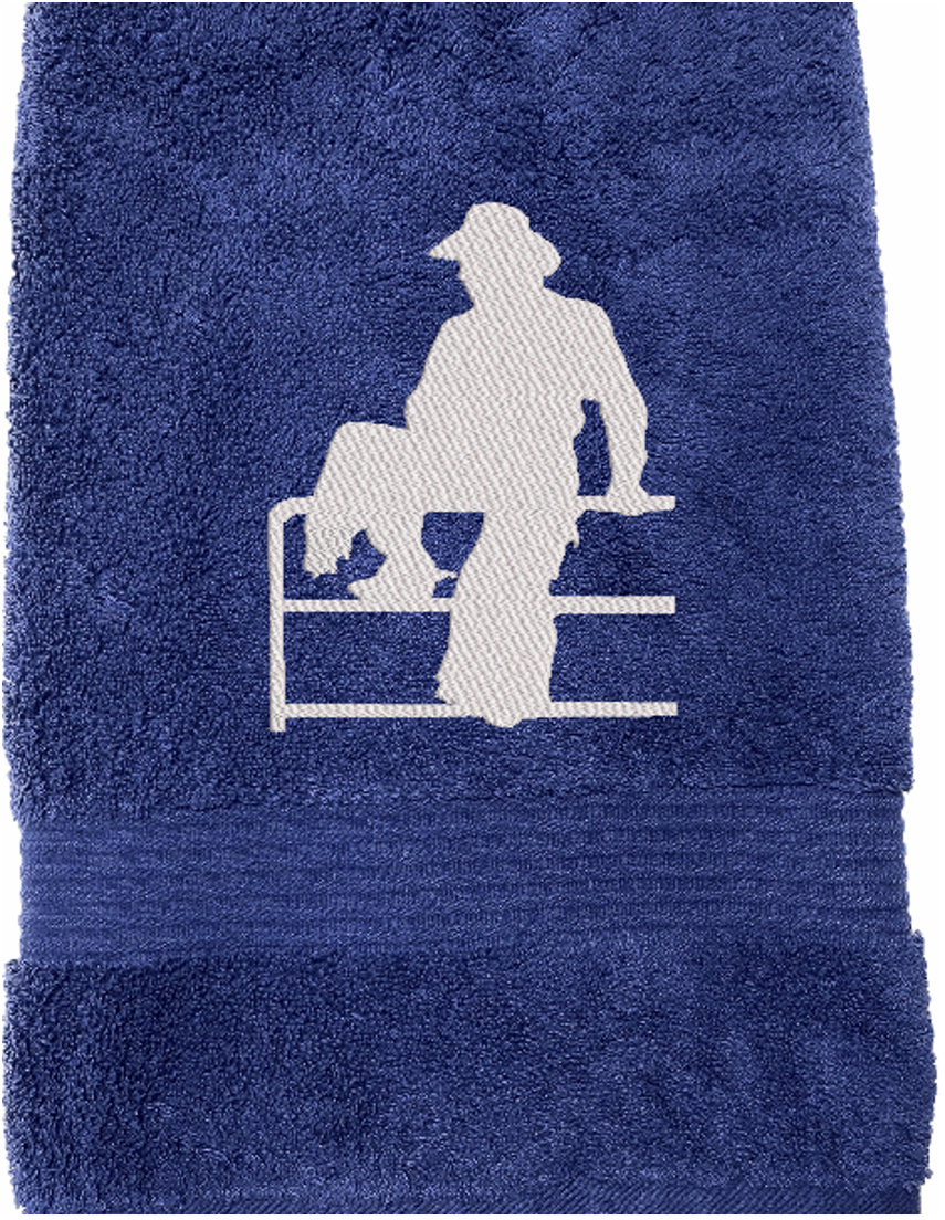 High Quality Luxury Blue Turkish bath towel durable soft and absorbent, finished edges with a decorative band. Set has 1 bath towel 27" x 50", 1 hand towel 16" x 27", 1 washcloth 13" x 13". Embroidered with a custom design of acowboy on a fence. You can personalize the bath towel with a name and an initial on the washcloth or just the designs. These luxury towels will make a wonderful hostess towel, wedding gift, housewarming gift, or for your own bathroom decor. Borgmanns Creations