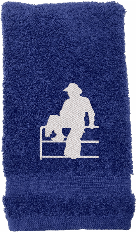 High Quality Luxury Blue Turkish hand towel durable soft and absorbent, finished edges with a decorative band. Set has 1 bath towel 27" x 50", 1 hand towel 16" x 27", 1 washcloth 13" x 13". Embroidered with a custom design of acowboy on a fence. You can personalize the bath towel with a name and an initial on the washcloth or just the designs. These luxury towels will make a wonderful hostess towel, wedding gift, housewarming gift, or for your own bathroom decor. Borgmanns Creations