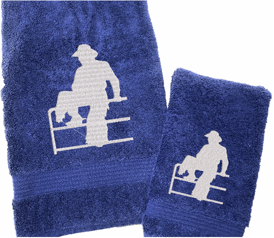 High Quality Luxury Blue Turkish bath towel and hand towel durable soft and absorbent, finished edges with a decorative band. Set has 1 bath towel 27" x 50", 1 hand towel 16" x 27", 1 washcloth 13" x 13". Embroidered with a custom design of acowboy on a fence. You can personalize the bath towel with a name and an initial on the washcloth or just the designs. These luxury towels will make a wonderful hostess towel, wedding gift, housewarming gift, or for your own bathroom decor. Borgmanns Creations