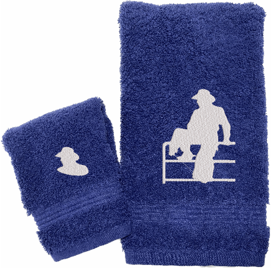 High Quality Luxury Blue Turkish hand towel and washcloth durable soft and absorbent, finished edges with a decorative band. Set has 1 bath towel 27" x 50", 1 hand towel 16" x 27", 1 washcloth 13" x 13". Embroidered with a custom design of acowboy on a fence. You can personalize the bath towel with a name and an initial on the washcloth or just the designs. These luxury towels will make a wonderful hostess towel, wedding gift, housewarming gift, or for your own bathroom decor. Borgmanns Creations