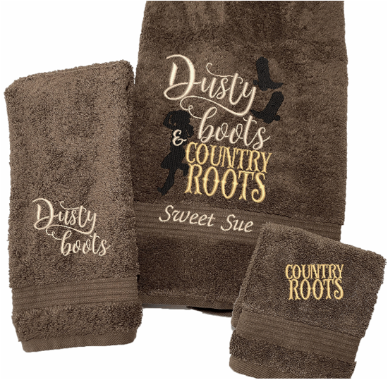 High Quality Luxury Brown Turkish Towels durable soft and absorbent, finished edges with a decorative band. Set has 1 bath towel 27" x 55", 1 hand towel 16" x 27", 1 washcloth 13" x 13. Embroidered with a custom design. You can personalize the bath towel with a name and an initial on the washcloth or just the designs. These luxury towels will make a wonderful wedding gift, housewarming gift, or for your own bathroom decor. Borgmanns Creations