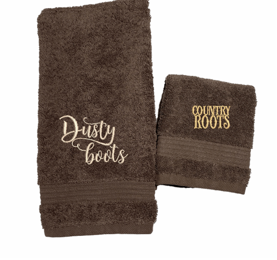 High Quality Luxury Brown Turkish hand and washcloth, durable soft and absorbent, finished edges with a decorative band. Set has 1 bath towel 27" x 55", 1 hand towel 16" x 27", 1 washcloth 13" x 13. Embroidered with a custom design. You can personalize the bath towel with a name and an initial on the washcloth or just the designs. These luxury towels will make a wonderful wedding gift, housewarming gift, or for your own bathroom decor. Borgmanns Creations