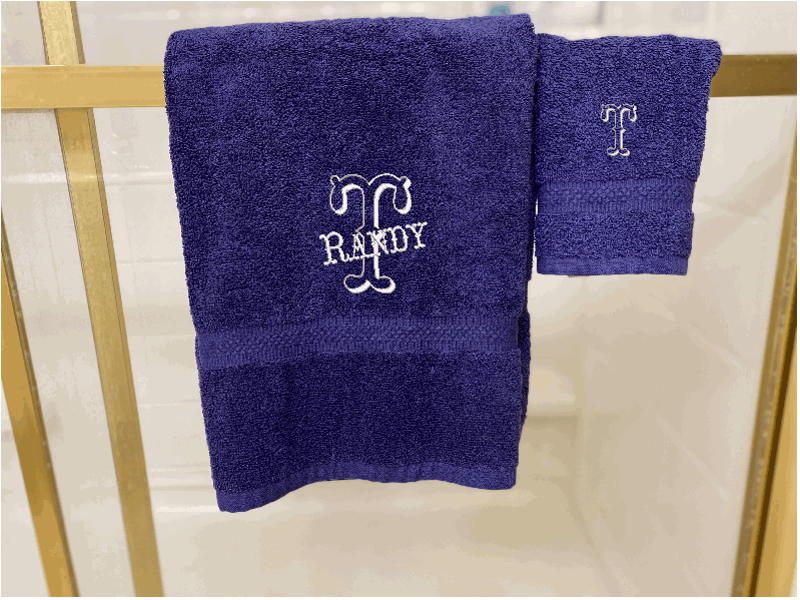 Blue Bath Towel, Washcloth Set - Monogram Western Font, Initial Name