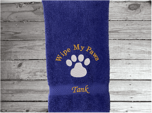 Blue hand towel, pet gift, embroidered paw print, for wiping your pets feet from the rain and snow, car towel for your pets needs, a custom terry towel soft and absorbent, 16" x 27", gift for the pet owner.  Can always come in handy,  kept in with the dog supplies - Borgmanns Creations 