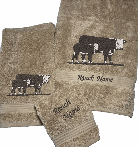 Beige bath towel set or individual towels, Hereford Cow design is just the item you can display with your ranch name embroidered on it, for that farmhouse decor. This Luxury western theme towel set of 3 towels 1 bath towel 27" x 50", 1 hand towel 16" x 27", 1 wash cloth 13" x 13". Personalize the towel set with a name and initial - Borgmanns Creations 