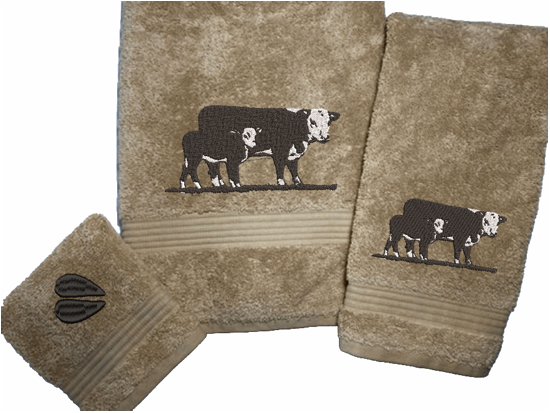 Beige bath towel set or individual towels, Hereford Cow design is just the item you can display with your ranch name embroidered on it, for that farmhouse decor. This Luxury western theme towel set of 3 towels 1 bath towel 27" x 50", 1 hand towel 16" x 27", 1 wash cloth 13" x 13". Personalize the towel set with a name and initial - Borgmanns Creations