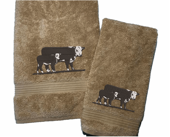 Beige bath towel and hand towel , Hereford Cow design is just the item you can display with your ranch name embroidered on it, for that farmhouse decor. This Luxury western theme towel set of 3 towels 1 bath towel 27" x 50", 1 hand towel 16" x 27", 1 wash cloth 13" x 13". Personalize the bath towel with a name and initial on the washcloth  - Borgmanns Creations