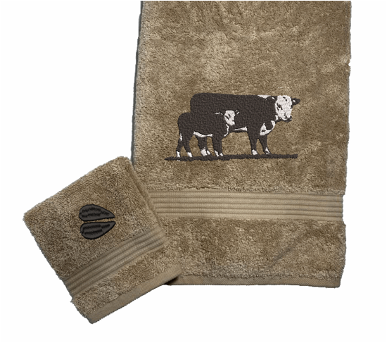 Beige bath towel ans washcloth , Hereford Cow design is just the item you can display with your ranch name embroidered on it, for that farmhouse decor. This Luxury western theme towel set of 3 towels 1 bath towel 27" x 50", 1 hand towel 16" x 27", 1 wash cloth 13" x 13". Personalize the bath towel with a name and initial on the washcloth  - Borgmanns Creations
