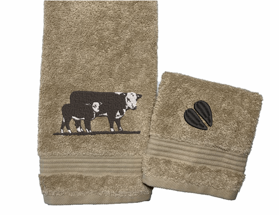 Hereford Cow - Embroidered Bath Towel Set -Or Individual - Beige