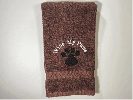 Brown pet hand towel, embroidered paw print, premium soft and absorbent luxury terry towel 16" x 27" for wiping your pets feet from the rain and snow, car towel for your pets needs, a personalized custom towel gift, with dog's name, for the pet owner. Can always come in handy to be kept in with the dog supplies. Borgmanns Creations