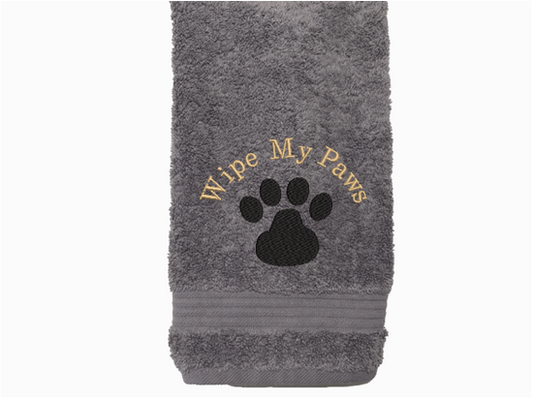 Gray pet hand towel, embroidered paw print,   premium soft and absorbent  luxury terry towel 16" x 27" for wiping your pets feet from the rain and snow, car towel for your pets needs, a personalized custom towel gift, with dog's name, for the pet owner.  Can always come in handy to be kept in with the dog supplies. Borgmanns Creations