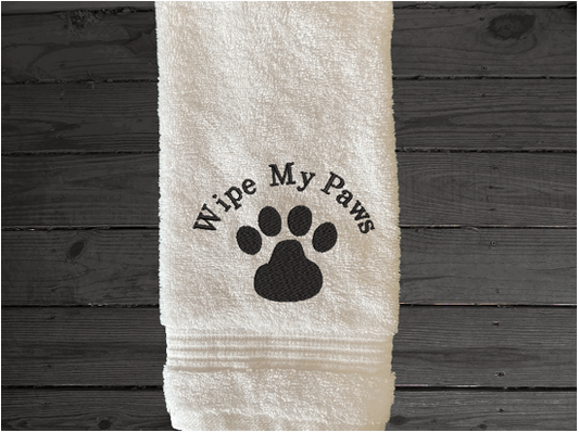 White pet hand towel, embroidered paw print, premium soft and absorbent luxury terry towel 16" x 27" for wiping your pets feet from the rain and snow, car towel for your pets needs, a personalized custom towel gift, with dog's name, for the pet owner. Can always come in handy to be kept in with the dog supplies. Borgmanns Creations