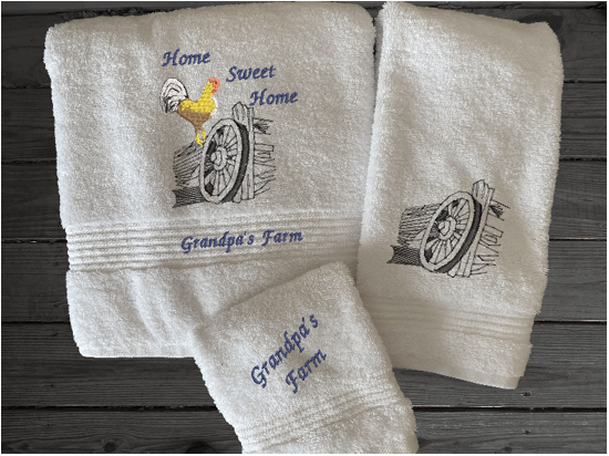 White Luxury towel set, rooster design is the perfect design for the country living family that likes the outdoor life, for that farmhouse decor. This Luxury western theme towel set of set has 3 towels 1 bath towel 27" x 50", 1 hand towel 16" x 27", 1 wash cloth 13" x 13". You can personalize the bath towel with a name and an initial on the wash cloth or just the design - Borgmanns Creations 