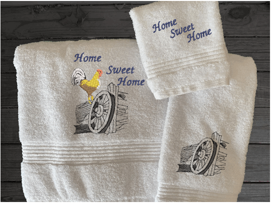 White Luxury towel set, rooster design is the perfect design for the country living family that likes the outdoor life, for that farmhouse decor. This Luxury western theme towel set of set has 3 towels 1 bath towel 27" x 50", 1 hand towel 16" x 27", 1 wash cloth 13" x 13". You can personalize the bath towel with a name and an initial on the wash cloth or just the design - Borgmanns Creations 