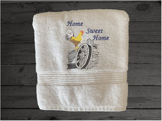 White Luxury bath towel, rooster design is the perfect design for the country living family that likes the outdoor life, for that farmhouse decor. This Luxury western theme towel set of set has 3 towels 1 bath towel 27" x 50", 1 hand towel 16" x 27", 1 wash cloth 13" x 13". You can personalize the bath towel with a name and an initial on the wash cloth or just the design - Borgmanns Creations 