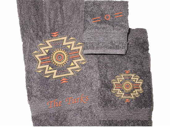 High Quality Luxury Turkish Towels durable soft and absorbent, finished edges with a decorative band. Set has 1 bath towel 27" x 55", 1 hand towel 16" x 27", 1 washcloth 13" x 13". Embroidered with a custom design. You can personalize the towel set with a name and an initial on the washcloth or just the designs. These luxury towels will make a wonderful wedding gift, housewarming gift, or for your own bathroom decor. -Borgmanns Creations