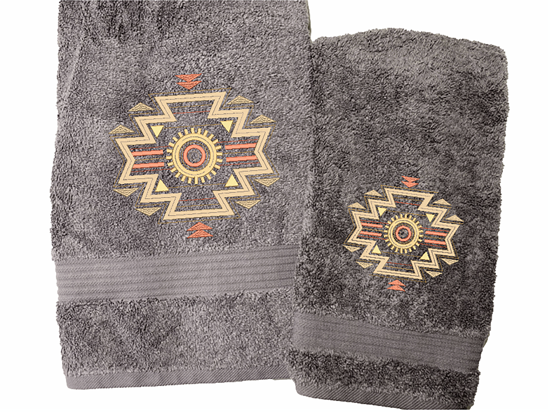High Quality Luxury Turkish Towels durable soft and absorbent, finished edges with a decorative band. This set has 1 bath towel 27" x 55", 1 hand towel 16" x 27". Embroidered with a custom design. You can personalize the bath towel with a name. These luxury towels will make a wonderful wedding gift, housewarming gift, or for your own bathroom decor. -Borgmanns Creations