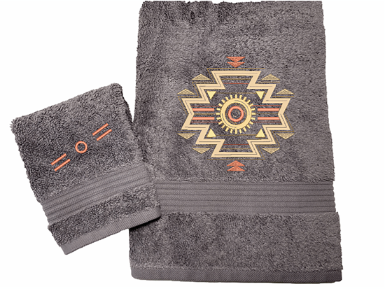 High Quality Luxury Turkish Towels durable soft and absorbent, finished edges with a decorative band. This set has 1 bath towel 27" x 55",  1 washcloth 13" x 13".  Embroidered with a custom design. You can personalize the bath towel weith a name . These luxury towels will make a wonderful wedding gift, housewarming gift, or for your own bathroom decor. -Borgmanns Creations