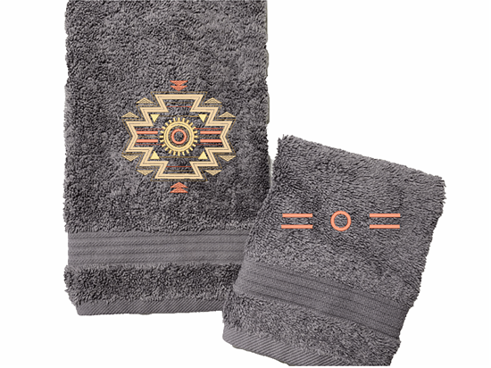 Southwestern Symbol-Embroidered Bath Towel Set -Or Individual - Gray