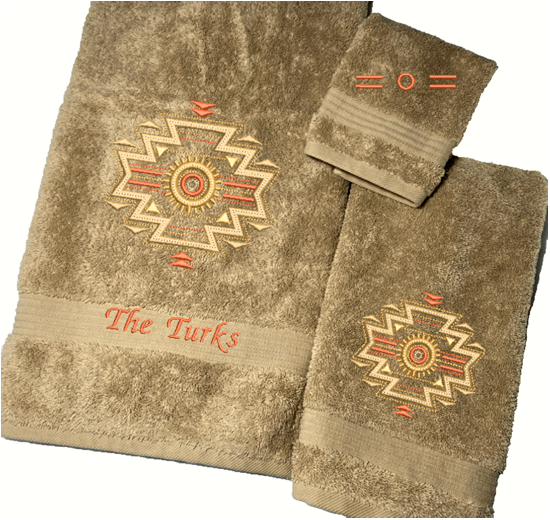 Beige Bath towel set or individual towels, embroidered Southwest Symbol is the perfect design for that farmhouse decor. This Luxury towel set, 3 towels 1 bath towel 27" x 50", 1 hand towel 16" x 27", 1 wash cloth 13" x 13". You can personalize the towel set with a name and an initial on the wash cloth or just the designs - Borgmanns Creations