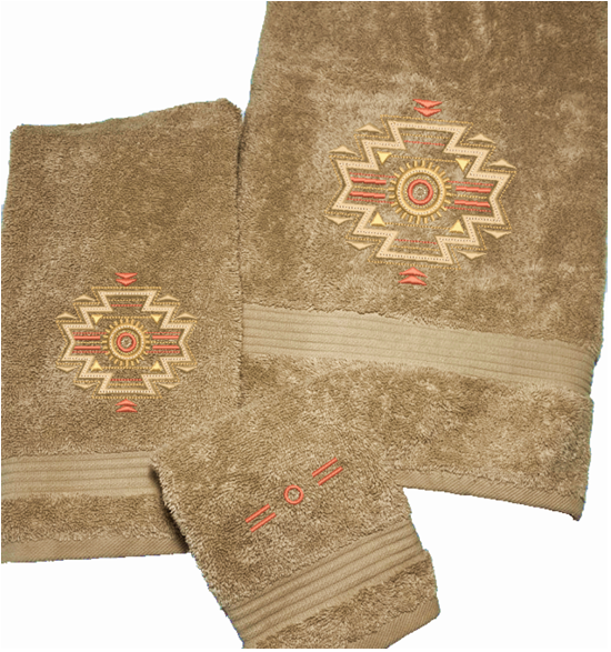 Beige Bath towel set or individual towels, embroidered Southwest Symbol is the perfect design for that farmhouse decor. This Luxury towel set, 3 towels 1 bath towel 27" x 50", 1 hand towel 16" x 27", 1 wash cloth 13" x 13". You can personalize the towel set with a name and an initial on the wash cloth or just the designs - Borgmanns Creations