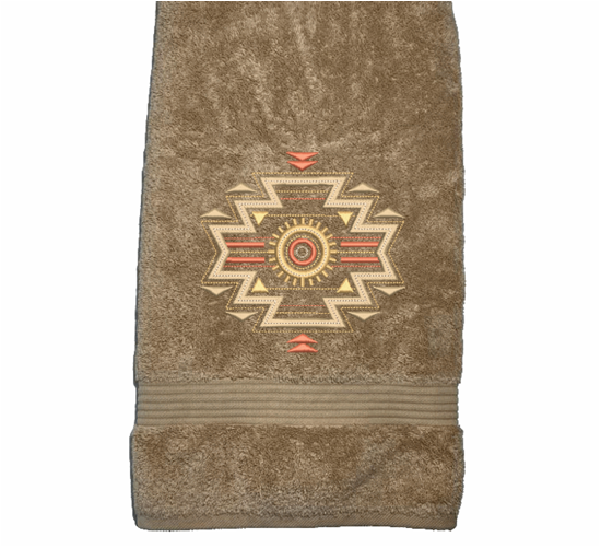 Beige Bath towel, embroidered Southwest Symbol is the perfect design for that farmhouse decor. This Luxury hand towelhand towel is 27" x 55". - Borgmanns Creations