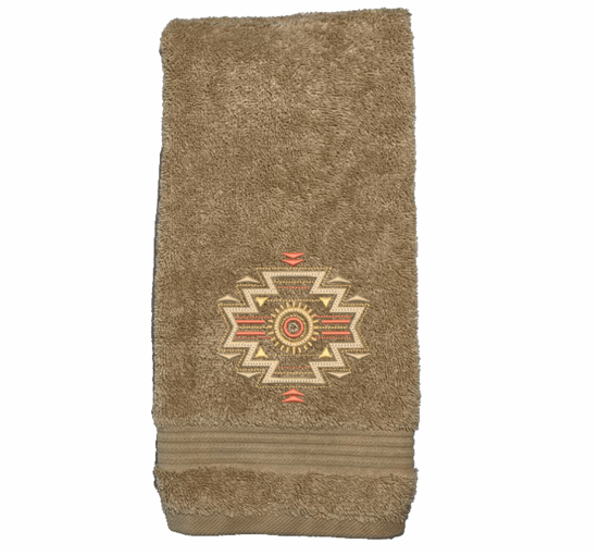 Beige Bath towel, embroidered Southwest Symbol is the perfect design for that farmhouse decor. This Luxury hand towelhand towel is 16" x 27". - Borgmanns Creations