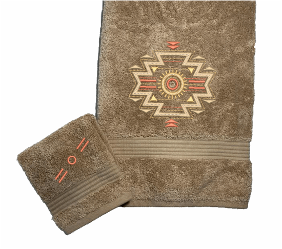 Beige Bath towel and washcloth, embroidered Southwest Symbol is the perfect design for that farmhouse decor. This Luxury bath towel is 27" x 55", washcloth is 13" x 13". - Borgmanns Creations