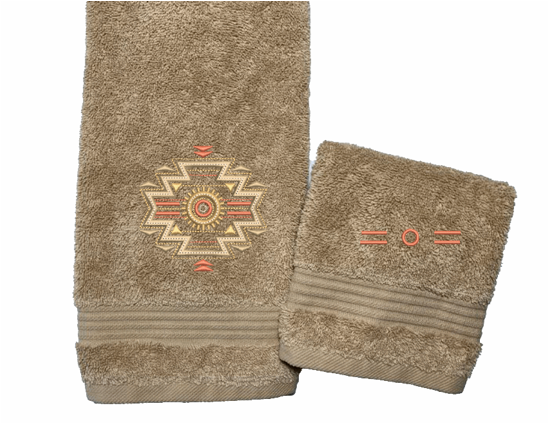 Beige hand towel and washcloth, embroidered Southwest Symbol is the perfect design for that farmhouse decor. This Luxury ,washclothl is 13" x 13". - Borgmanns Creations