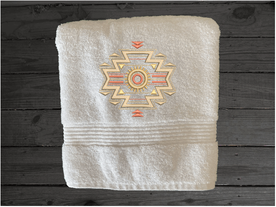 White bath towel towel, embroidered Southwest Symbol is the perfect design for the western living family, that farmhouse decor. This Luxury western theme towel  bath towel 27" x 55",. You can personalize the bath owel with a name. Borgmanns Creations