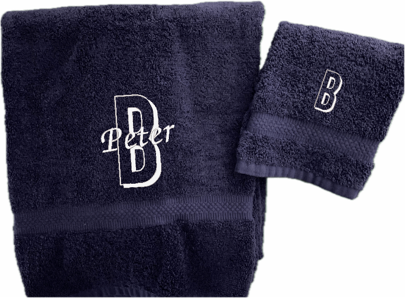 Blue Bath Towel, Washcloth Set - Monogram Gift, Initial Name