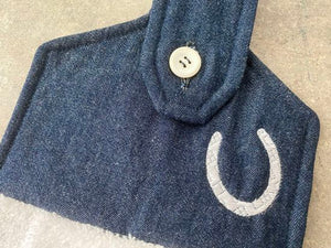 A soft and absorbing hanging bathroom/kitchen towel with button to hang on oven door or drawer handle. 16" x 9 1/2" terry towel with white denim top with batting overall leingth 17 inches. The embroidered horseshoe  showes off the western theme perfect gift for mom. Housewarming, bridal shower, anniversary, etc. Borgmanns Creations -2