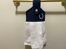 Load image into Gallery viewer, A soft and absorbing hanging bathroom/kitchen towel with button to hang on oven door or drawer handle. 16&quot; x 9 1/2&quot; terry towel with white denim top with batting overall leingth 17 inches. The embroidered horseshoe  showes off the western theme perfect gift for mom. Housewarming, bridal shower, anniversary, etc. Borgmanns Creations -3
