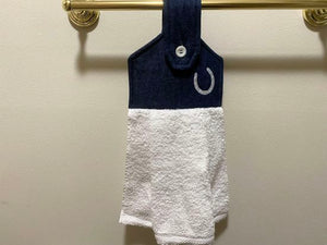 A soft and absorbing hanging bathroom/kitchen towel with button to hang on oven door or drawer handle. 16" x 9 1/2" terry towel with white denim top with batting overall leingth 17 inches. The embroidered horseshoe  showes off the western theme perfect gift for mom. Housewarming, bridal shower, anniversary, etc. Borgmanns Creations -3