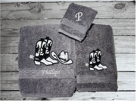 Gray western bath towel set or individual towels, cowboy hat and boots, this Luxury Turkish Towel set has 3 towels  1 bath towel 27" x 55", 1 hand towel 15" x 28", 1 washcloth - 13" x 13"the perfect design for the western farmhouse decor. You can personalize this bathroom towel set will make a wonderful wedding gift. Borgmanns Creations 1