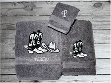 Load image into Gallery viewer, Gray western bath towel set or individual towels, cowboy hat and boots, this Luxury Turkish Towel set has 3 towels  1 bath towel 27&quot; x 55&quot;, 1 hand towel 15&quot; x 28&quot;, 1 washcloth - 13&quot; x 13&quot;the perfect design for the western farmhouse decor. You can personalize this bathroom towel set will make a wonderful wedding gift. Borgmanns Creations 1
