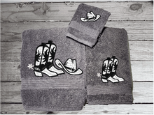 Load image into Gallery viewer, Gray western bath towel set or individual towels, cowboy hat and boots, this Luxury Turkish Towel set has 3 towels  1 bath towel 27&quot; x 55&quot;, 1 hand towel 15&quot; x 28&quot;, 1 washcloth - 13&quot; x 13&quot;the perfect design for the western farmhouse decor. You can personalize this bathroom towel set will make a wonderful wedding gift. Borgmanns Creations 2
