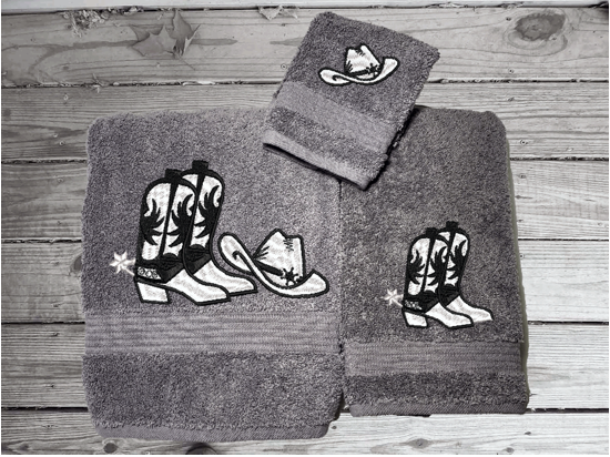 Cowboy Hat and Boots -Embroidered Bath Towel Set -Or Individual - Gray