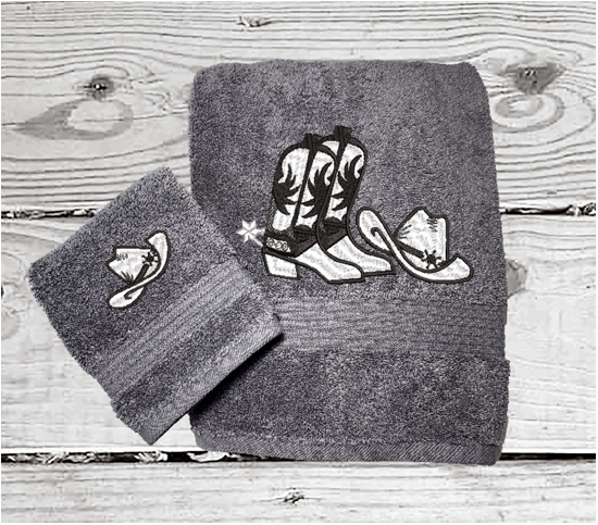 Cowboy Hat and Boots -Embroidered Bath Towel Set -Or Individual - Gray